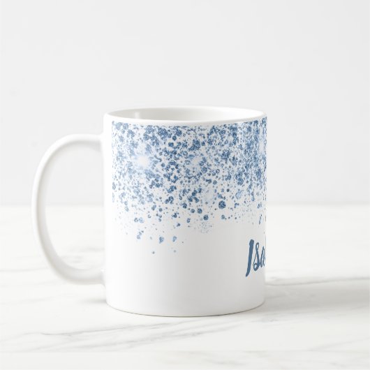 ホワイトブルーのグリッター名スクリプト コーヒーマグカップ (左)