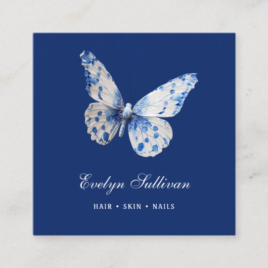 ホワイトブルーの磁器バタフライロゴ名刺 スクエア名刺 (正面)