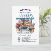 ホワイトブルーの花柄「市場から出ました」ウエディングシャワー 招待状 (スタンド正面)