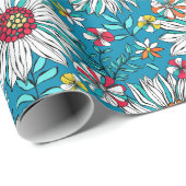 ホワイトブルーイエローオレンジ赤デイジー花模様 ラッピングペーパー (ロールコーナー)