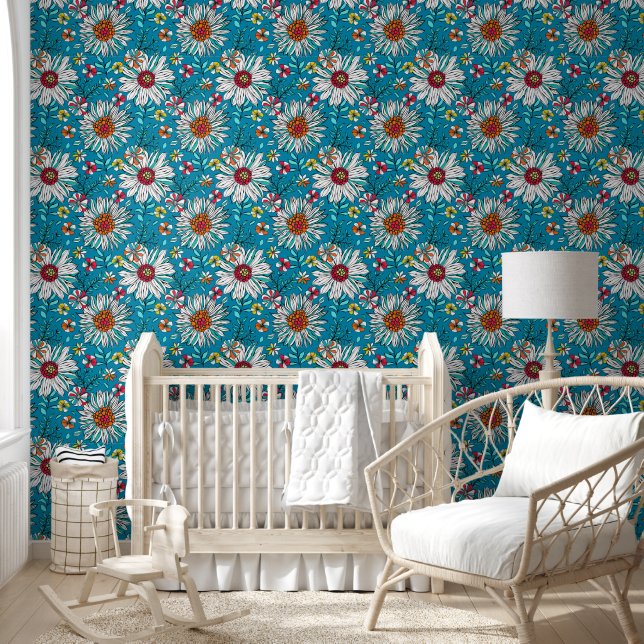ホワイトブルーイエローオレンジ赤デイジー花模様 壁紙 (キッズ)