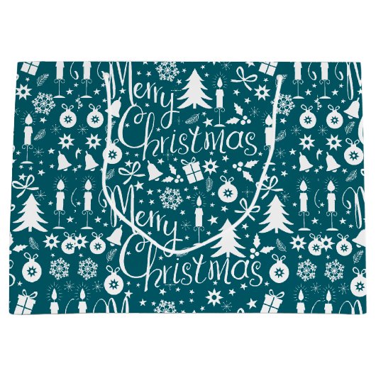ホワイトブルーグリーンクリスマステーマパターン ラージペーパーバッグ (正面)