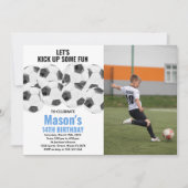 ホワイトブルーサッカー誕生日招待状と写真 招待状 (正面)