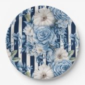 ホワイトブルーストライプフローラブライダルシャワー ペーパープレート (正面)