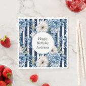 ホワイトブルーストライプフローラ誕生日 スタンダードランチョンナプキン (インサイチュ)