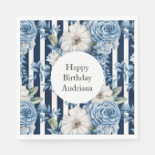 ホワイトブルーストライプフローラ誕生日 スタンダードランチョンナプキン (正面)