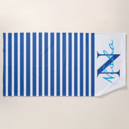 ホワイトブルーストライプモノグラム ビーチタオル