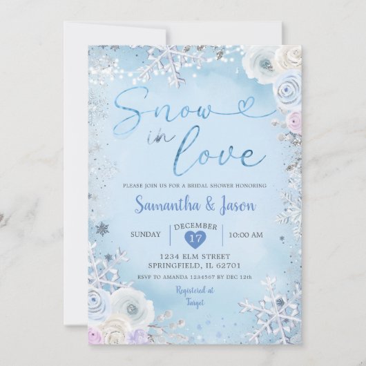 ホワイトブルースノーインラブウィンターブライダルシャワー 招待状 (正面)