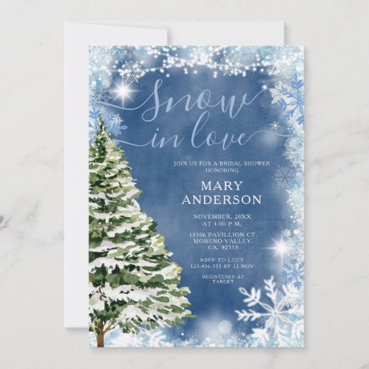 ホワイトブルースノーインラブエバーグリーンブライダルシャワー 招待状 (正面)