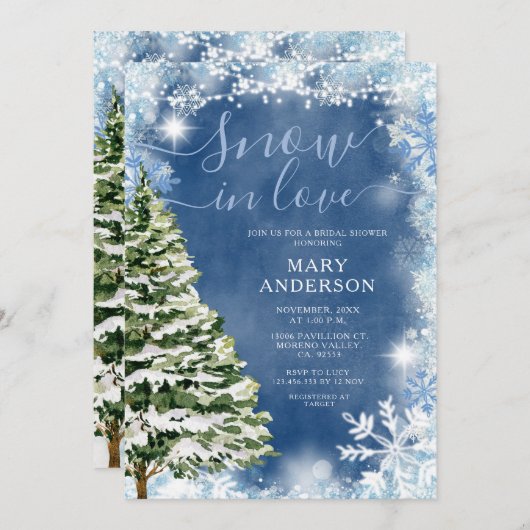 ホワイトブルースノーインラブエバーグリーンブライダルシャワー 招待状 (正面/裏面)