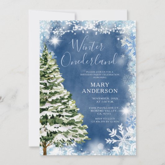 ホワイトブルースノーフレークスウィンターオネダーランド誕生日 招待状 (正面)