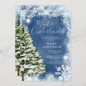 ホワイトブルースノーフレークスウィンターオネダーランド誕生日 招待状 (正面/裏面)