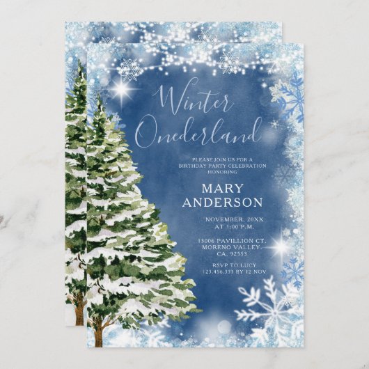 ホワイトブルースノーフレークスウィンターオネダーランド誕生日 招待状 (正面/裏面)