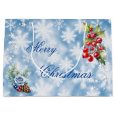 ホワイトブルースノーフレークホリーベリーメリークリスマス ラージペーパーバッグ (正面)