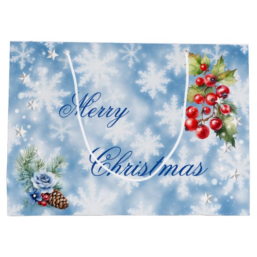 ホワイトブルースノーフレークホリーベリーメリークリスマス ラージペーパーバッグ (裏面)