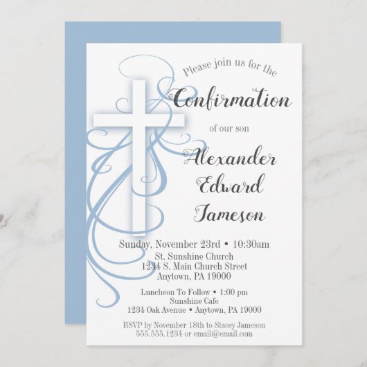 ホワイトブルースワールクロス確認招待状ボーイ 招待状 (正面/裏面)