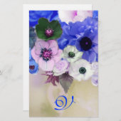 ホワイトブルーバラとアネモネ花モノグラム 便箋 (正面/裏面)