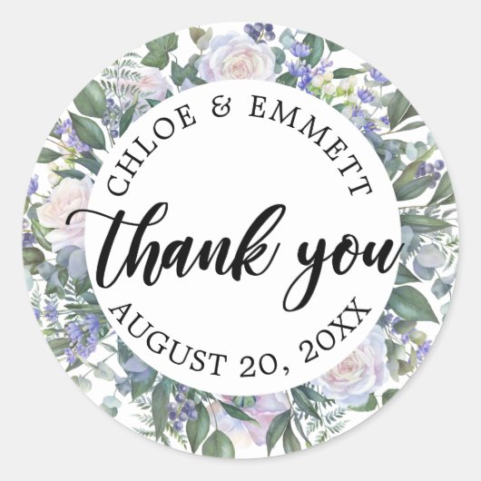 ホワイトブルーパープルフローラ結婚式の引き出物 ラウンドシール (正面)