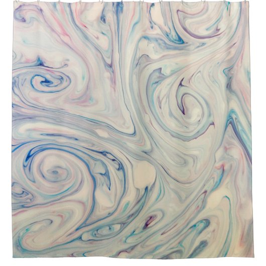 ホワイトブルーピンクモダン抽象芸術流体マーブリングアート シャワーカーテン (正面)