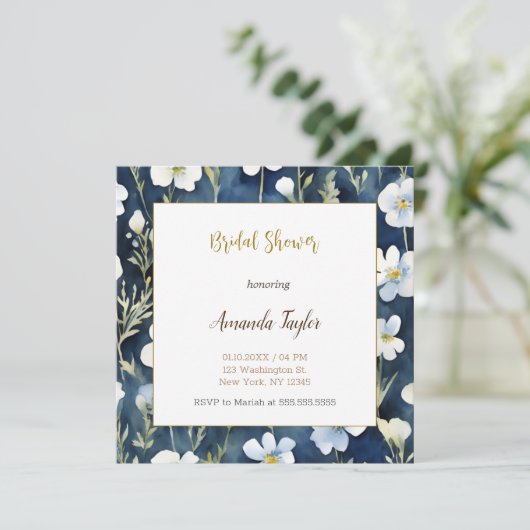 ホワイトブルーフラワーズミニマルウェディングシャワーカード (スタンド正面)