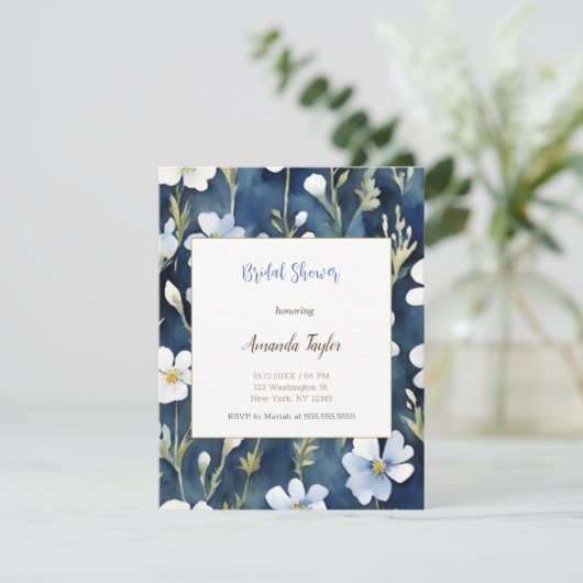 ホワイトブルーフラワーズミニマルウェディングシャワーカード エンクロージャーカード (スタンド正面)