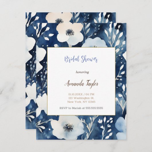 ホワイトブルーフラワーズミニマルウェディングシャワーカード 出欠カード (正面/裏面)