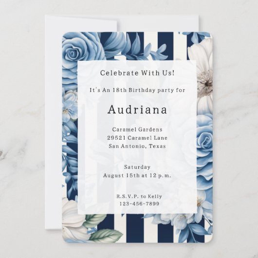 ホワイトブルーフローラストライプ誕生日 招待状 (正面)