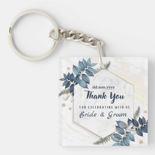 ホワイトブルーフローラフレームありがとう結婚式の引き出物 キーホルダー (正面)