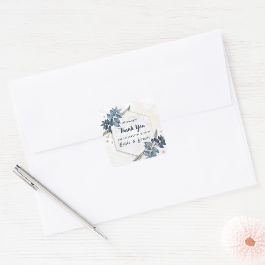 ホワイトブルーフローラフレームありがとう結婚式の引き出物 スクエアシール (封筒)