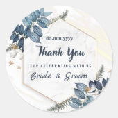 ホワイトブルーフローラフレームありがとう結婚式の引き出物 ラウンドシール (正面)