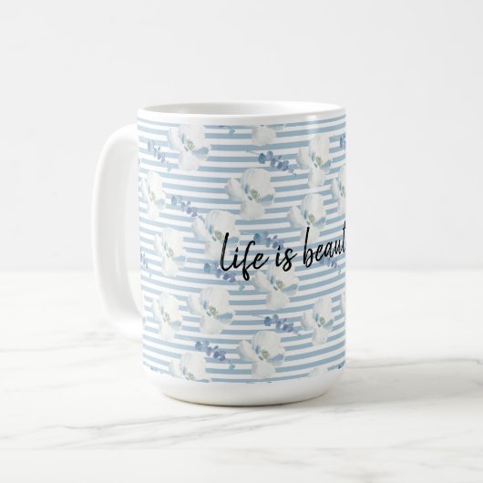 ホワイトブルーフローラユーカリストライプス コーヒーマグカップ (正面左)