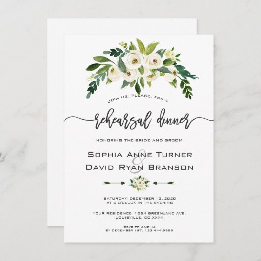 ホワイトブルーミングフローラ手書きリハーサルディナー 招待状 (正面/裏面)