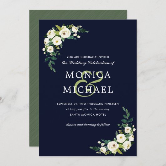 ホワイトブルーム | ブルーフローラル ボタニカルコーナー ウェディング 招待状 (正面/裏面)