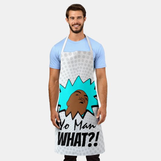 ホワイトブルーヨーマンマグショット漫画 エプロン (着用した状態)