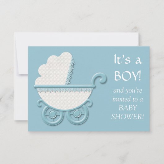 ホワイトブルー乳母車男の赤ちゃんシャワー 招待状 (正面)