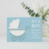 ホワイトブルー乳母車男の赤ちゃんシャワー 招待状 (スタンド正面)