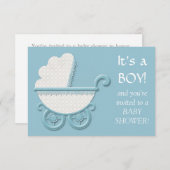 ホワイトブルー乳母車男の赤ちゃんシャワー 招待状 (正面/裏面)