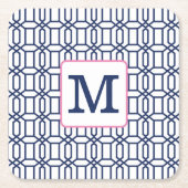 ホワイトブルー名門私立校風のオクタゴンモノグラムイニシャル スクエアペーパーコースター (正面)