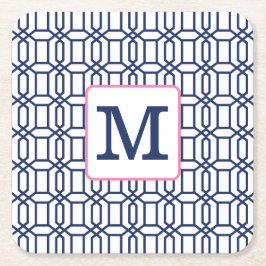 ホワイトブルー名門私立校風のオクタゴンモノグラムイニシャル スクエアペーパーコースター