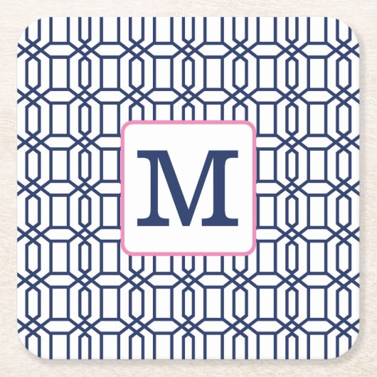 ホワイトブルー名門私立校風のオクタゴンモノグラムイニシャル スクエアペーパーコースター (正面)