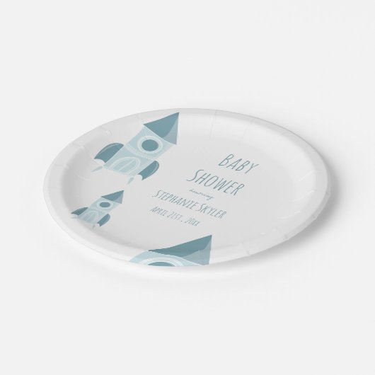 ホワイトブルー図解入りの、写真付きのロケット船ベイビーシャワー ペーパープレート (アングル)