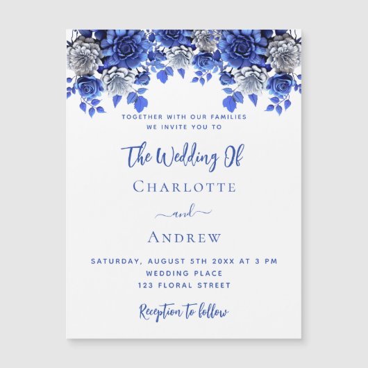 ホワイトブルー王室の花模様ラグジュアリー結婚ズ マグネット招待状 (正面)