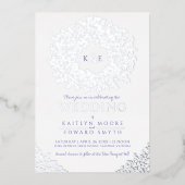 ホワイトブルー結婚リース葉銀色 箔招待状 (正面)