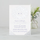 ホワイトブルー結婚リース葉銀色 箔招待状 (立ち正面)