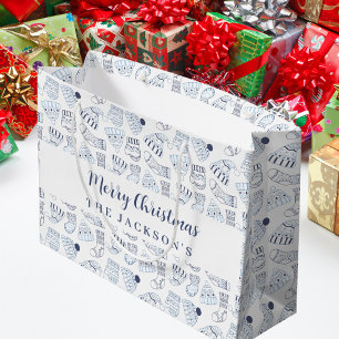 ホワイトブルー編み冬衣服クリスマス ラージペーパーバッグ