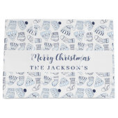 ホワイトブルー編み冬衣服クリスマス ラージペーパーバッグ (正面)