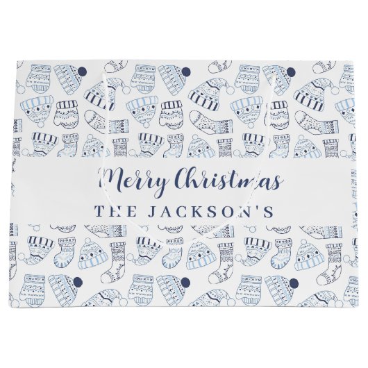 ホワイトブルー編み冬衣服クリスマス ラージペーパーバッグ (正面)