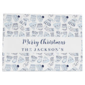 ホワイトブルー編み冬衣服クリスマス ラージペーパーバッグ (裏面)