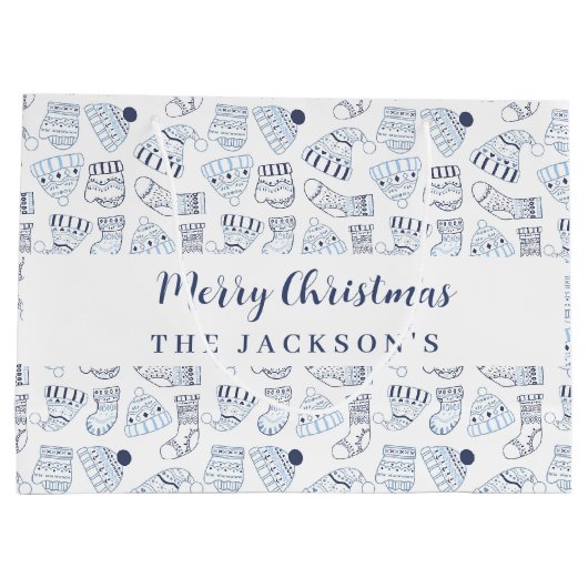 ホワイトブルー編み冬衣服クリスマス ラージペーパーバッグ (裏面)