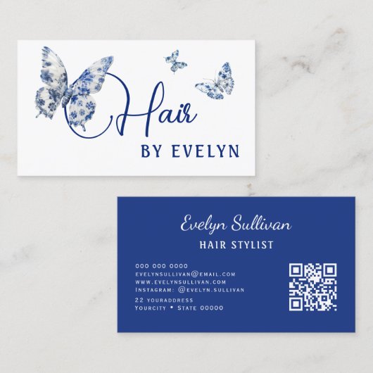 ホワイトブルー蝶ヘアビジネスカード 名刺 (正面/裏面)